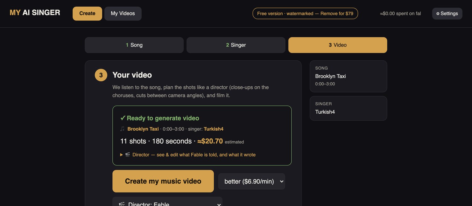 The My AI Singer app showing a finished shot plan: eleven shots,
      180 seconds, with the estimated rendering cost displayed before anything
      is charged.